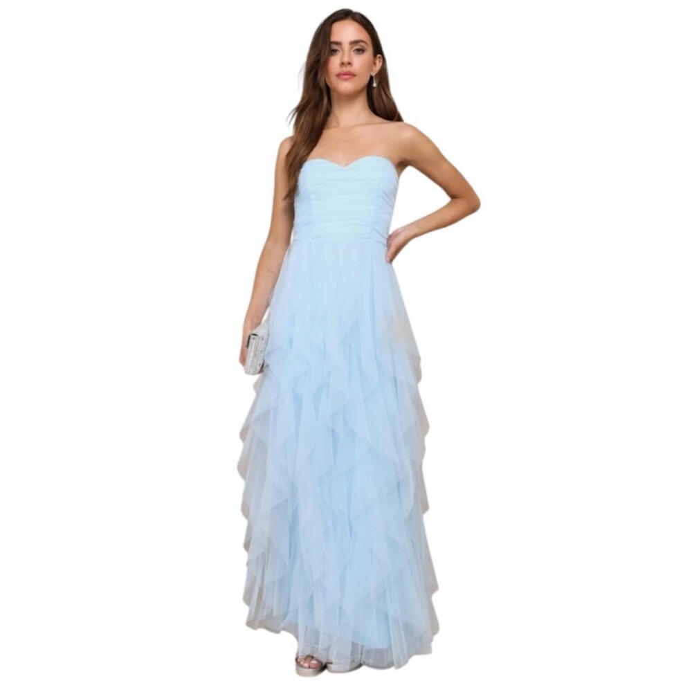 Lulus Delightful Beauty Maxi Blue Tulle Strapless NWT Size S Prom Hoco Wedding